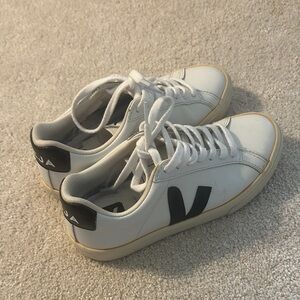 Veja Campo White Leather Sneakers with Black V Logo and Heel Tab